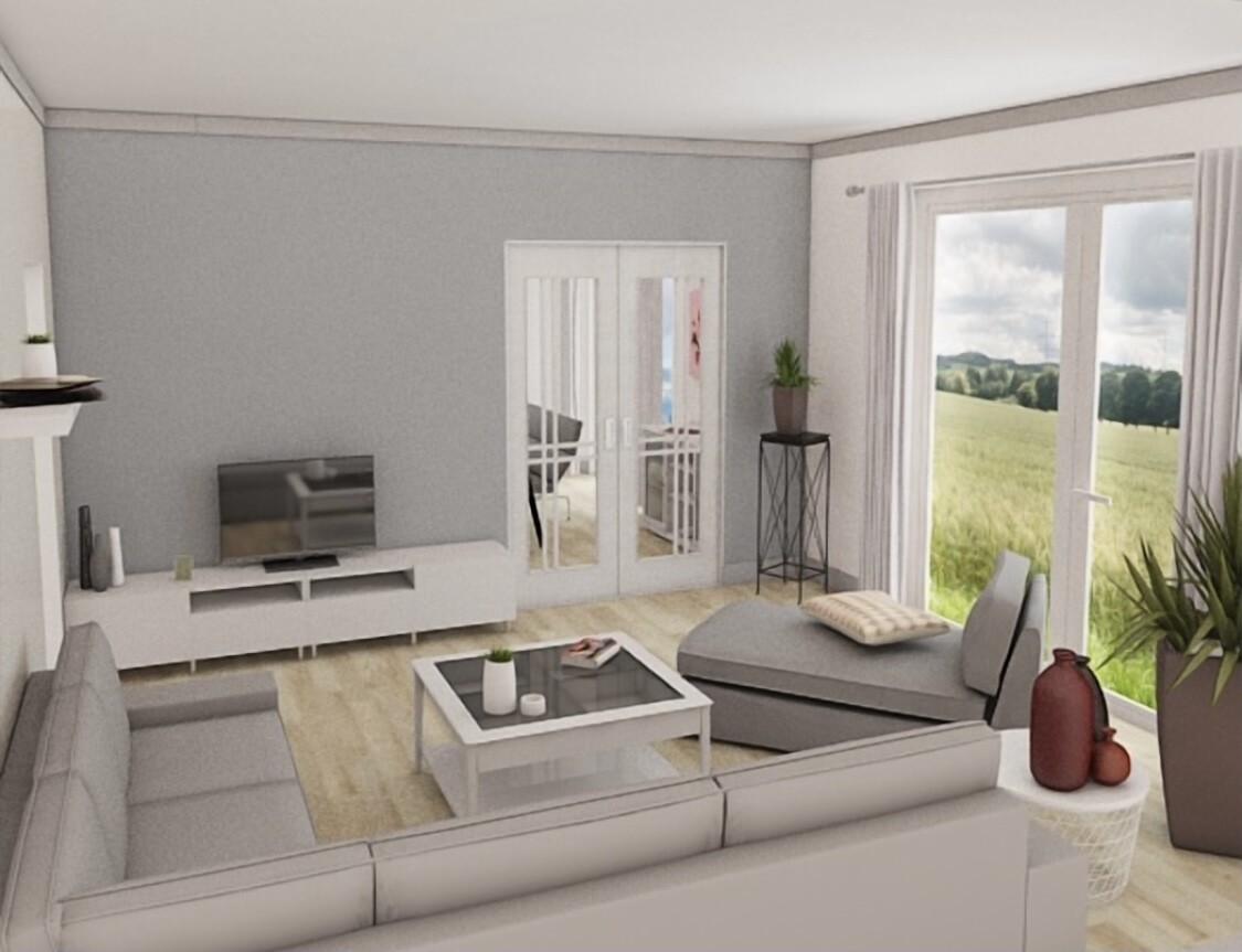Bright living room with gray sofa set, glass coffee table, TV cabinet, and window view of greenery.