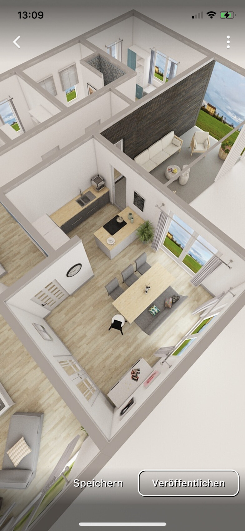 Isometric 3D rendering of a modern apartment: open kitchen, dining table, living room, hallway.