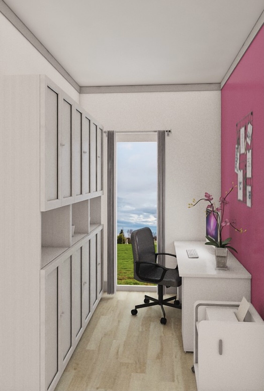 Bright office in a narrow room with white cabinets, pink wall, and window view of garden