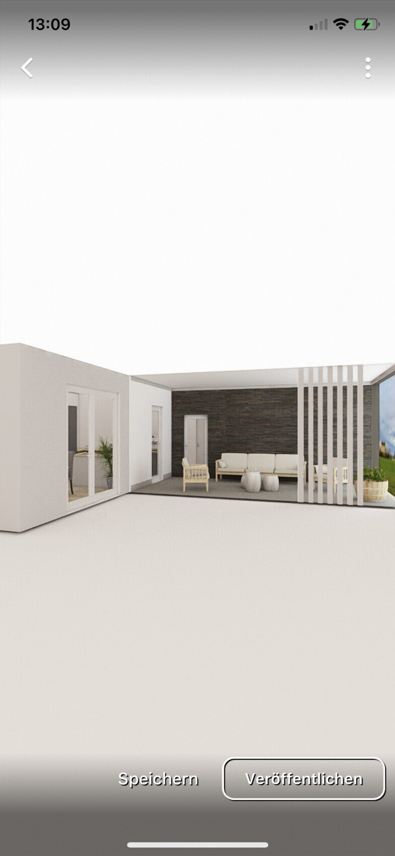 Modern terrace of a white house: dark stone wall, lounge furniture, vertical slat partition