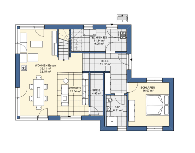 Grundriss eines Hauses: Wohn- und Essbereich, Küche, Bad, Schlafzimmer, Flur.