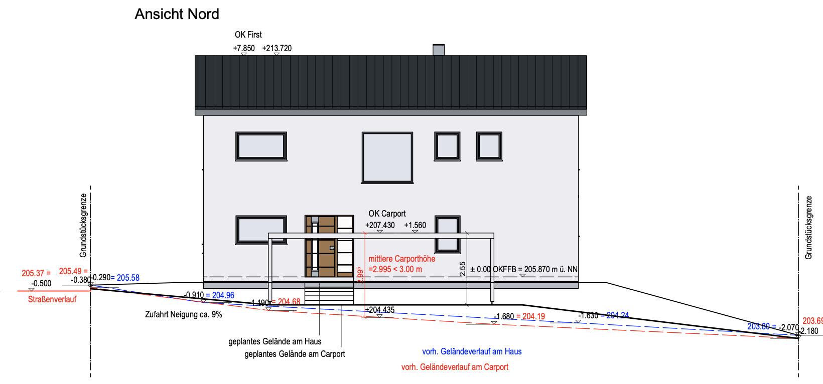 North view of a two-story house with carport, windows, and dimension lines