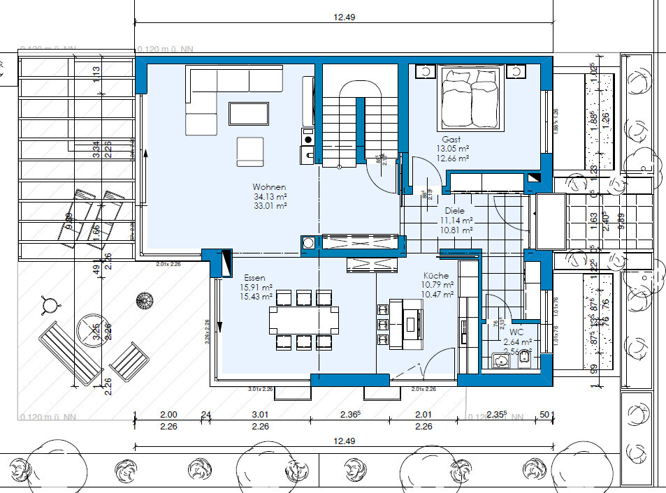 Floor plan of a house with living room, dining area, kitchen, guest room, hallway, and terrace