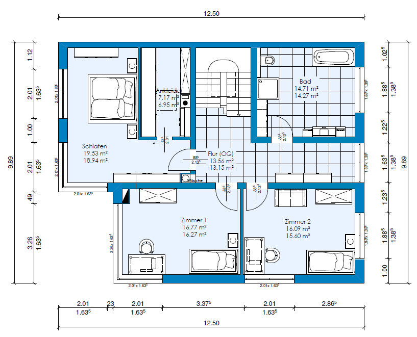Floor plan of an upper floor apartment: bedroom, dressing room, corridor, bathroom, kitchen, two rooms, stairway.