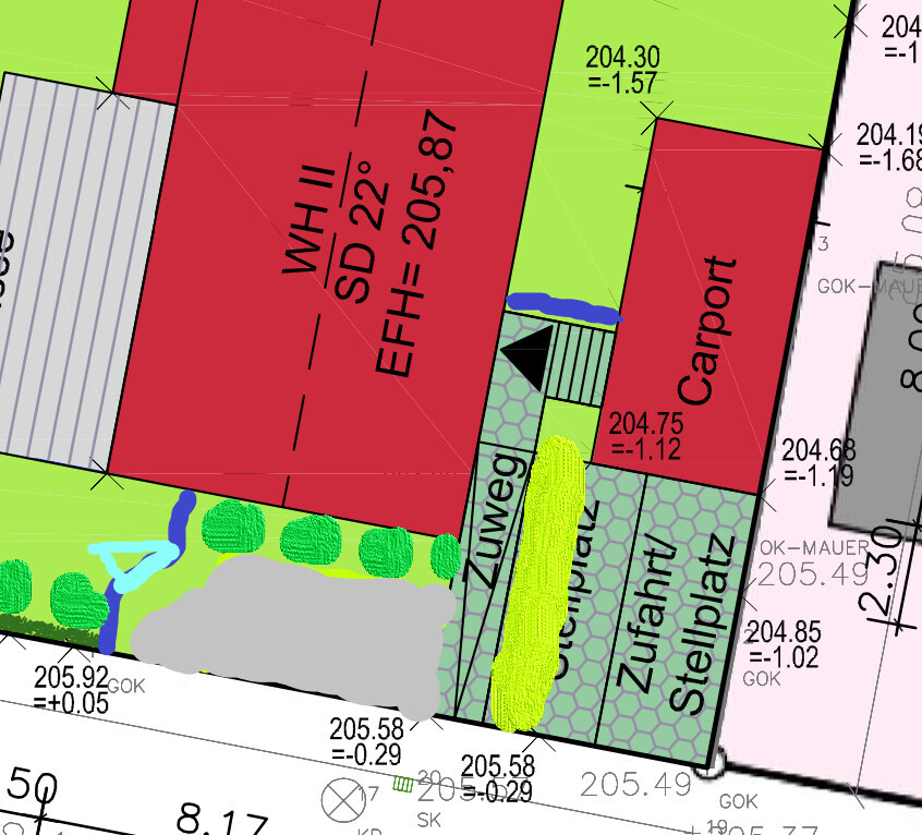 Site plan with red buildings, carport, green areas, access path and parking space; trees and walkways.