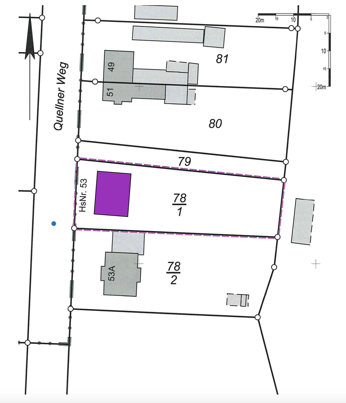 Plot 78/1 with purple rectangular building; adjacent to 78/2, 79, 80, 81 at Queller Weg.