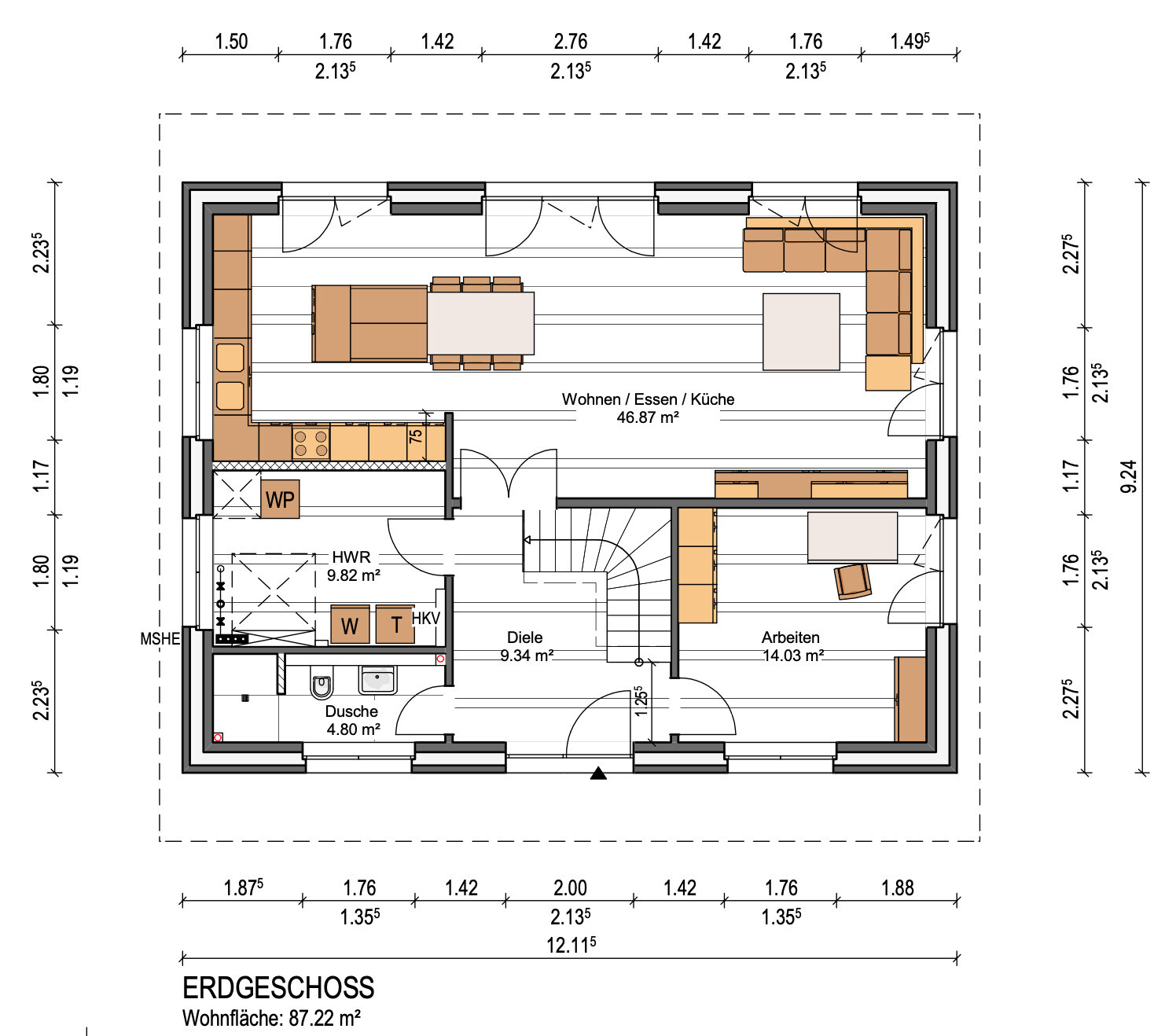 Ground floor plan: open living/dining/kitchen, office, hallway, shower, utility room, stairs.