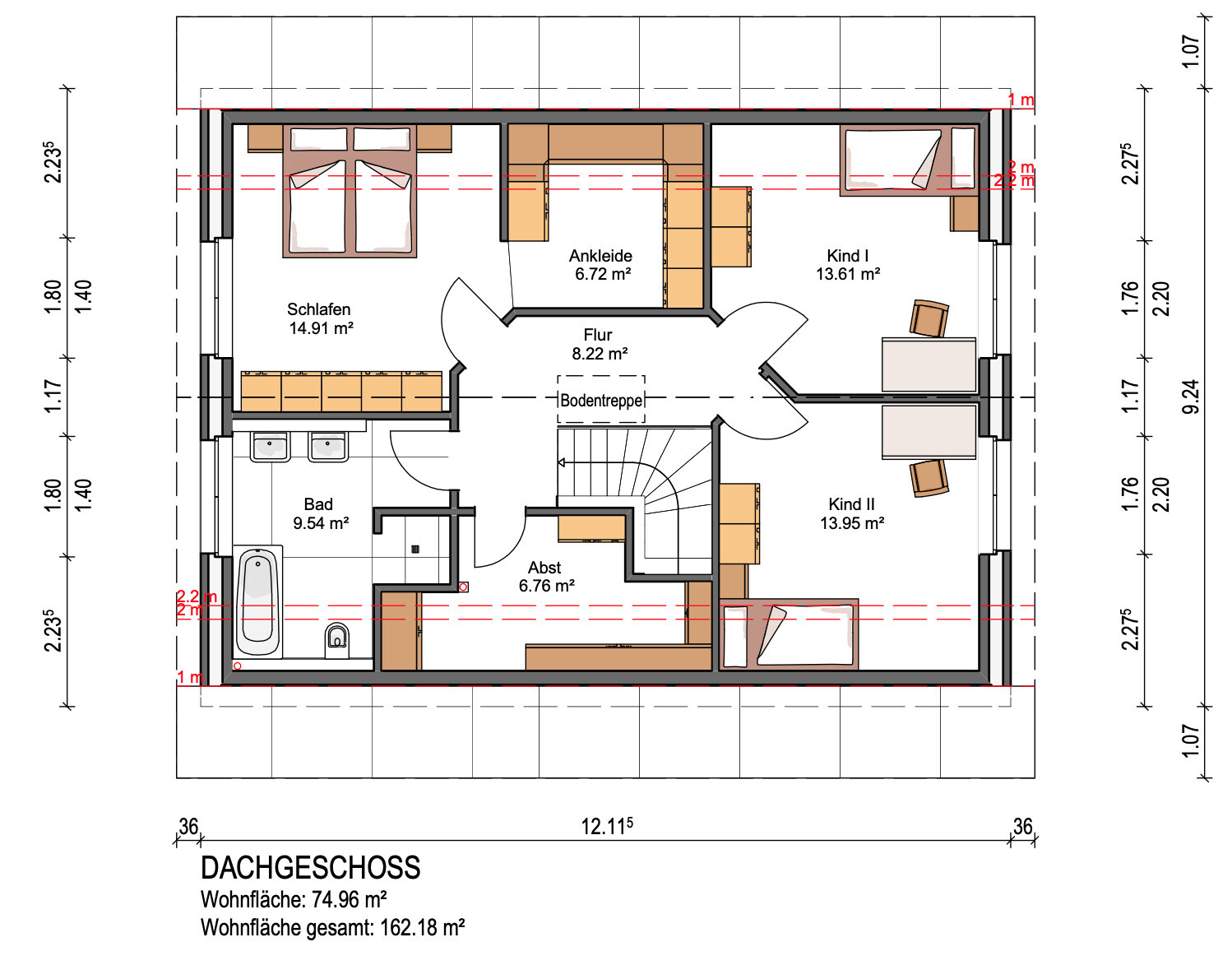 First floor plan: bedroom, bathroom, walk-in closet, corridor, child’s room I, child’s room II, storage.