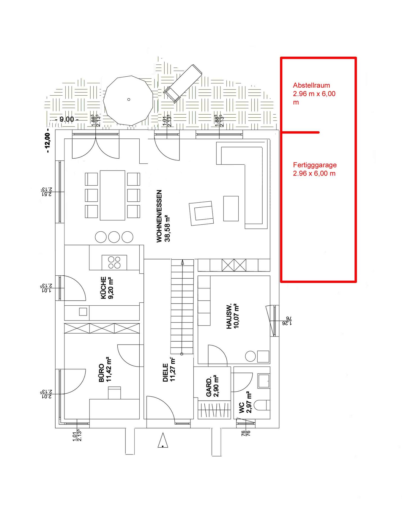 Floor plan of a house with kitchen, living/dining area, office; red extension with storage room and garage.
