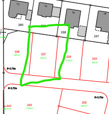 Site plan with parcels, plots outlined in red, parcels marked in green