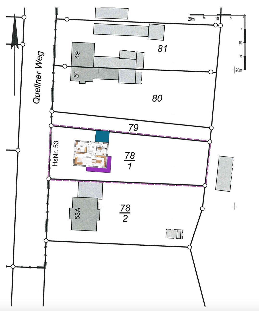 Site plan of a property with parcels 78/1, 78/2, 79, 80, 81 and buildings.