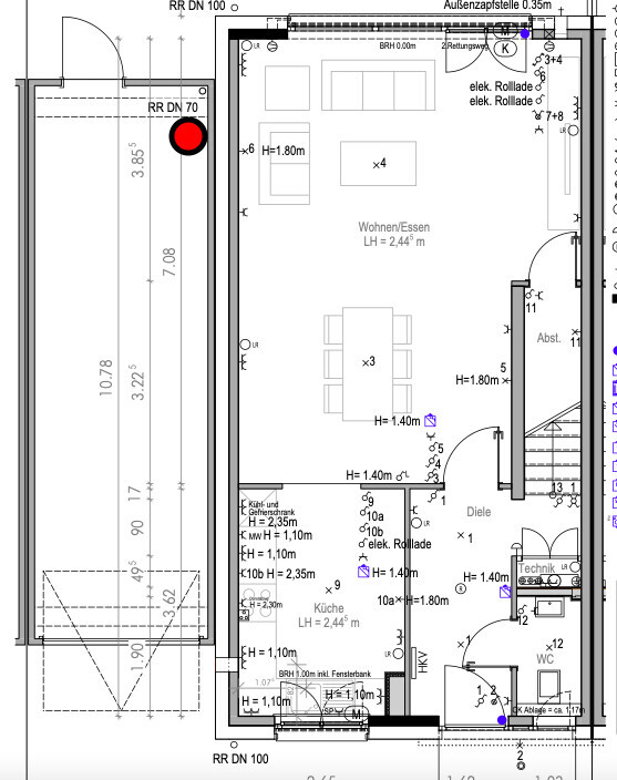 Floor plan of a living, dining, and kitchen area with hallway, stairs, and storage room.