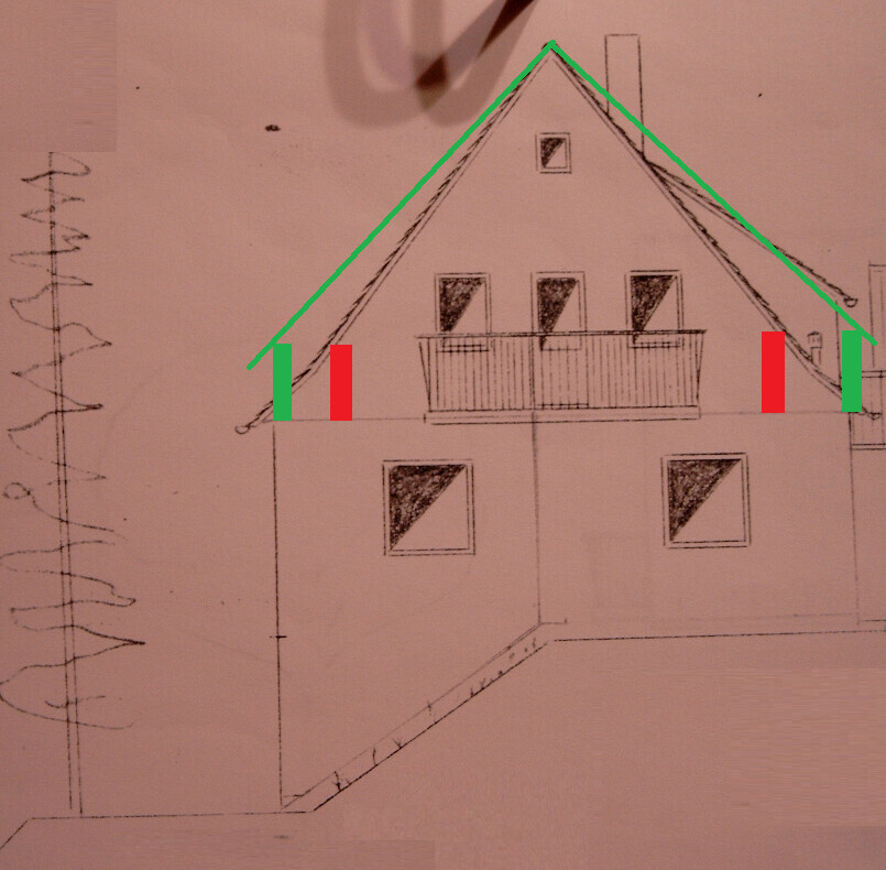 Sketch of a house with a gable roof, balcony, and several windows in perspective view.