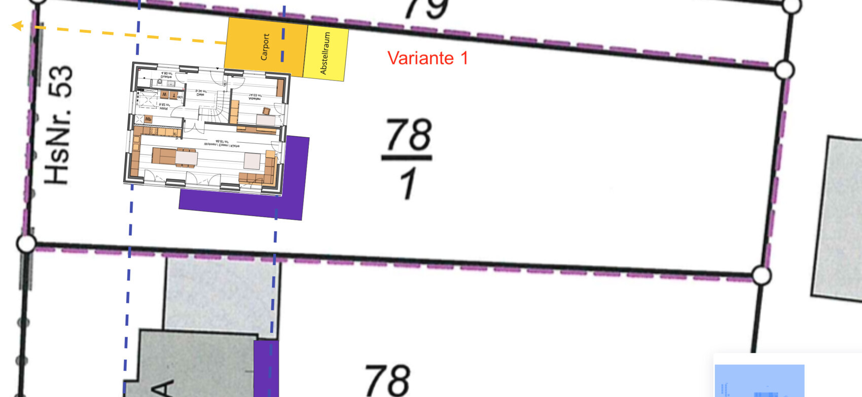 Site plan with floor plan of the house, carport, and storage room, option 1