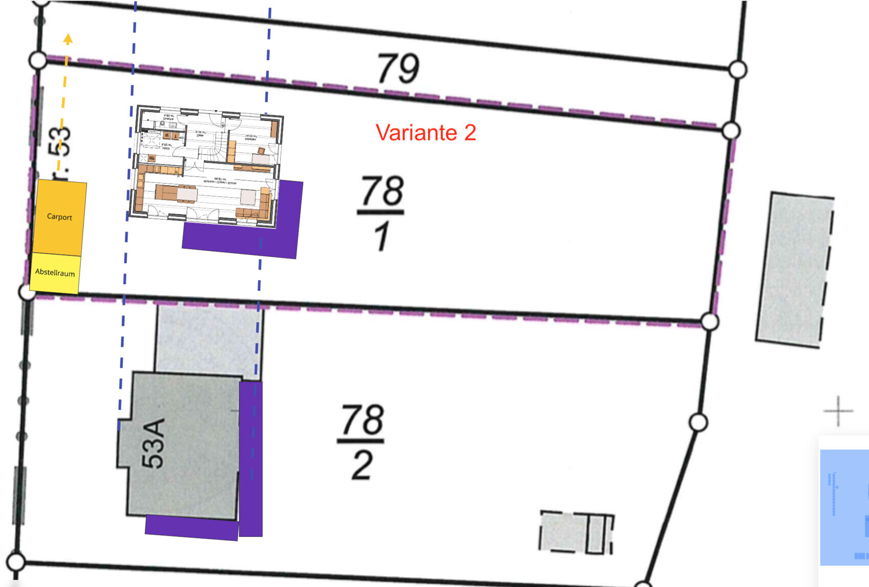 Site plan: option 2, plot 78/1, building 53A, carport/storage room on the left.