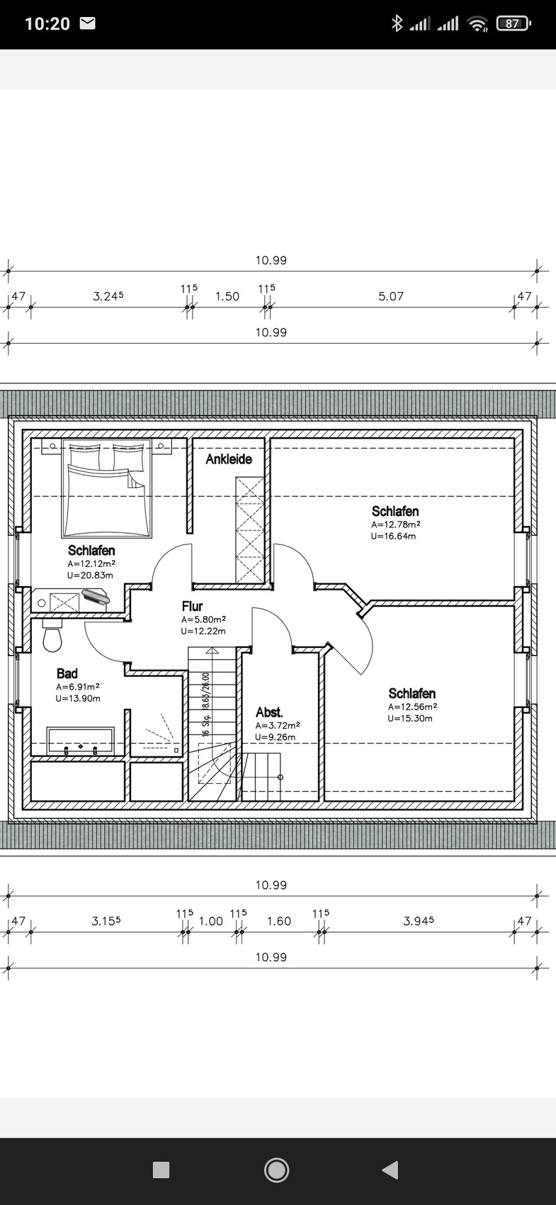 Floor plan of a residential house with three bedrooms, bathroom, hallway, storage room, dressing room, and staircase.