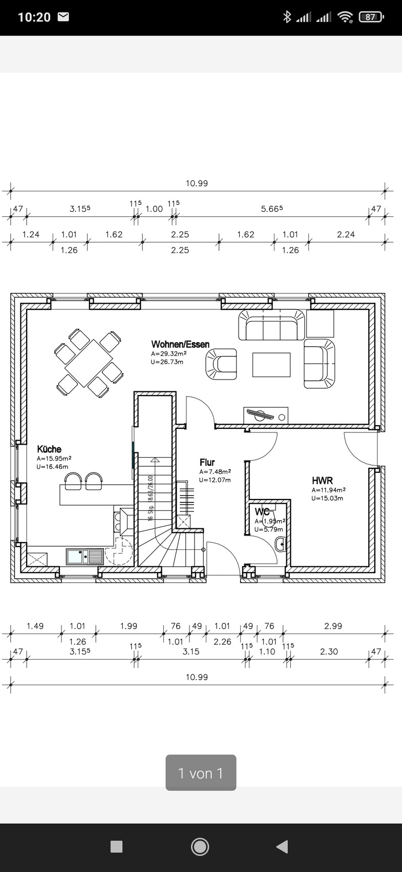 Floor plan: open living/dining area with kitchen, hallway, utility room, and WC, staircase