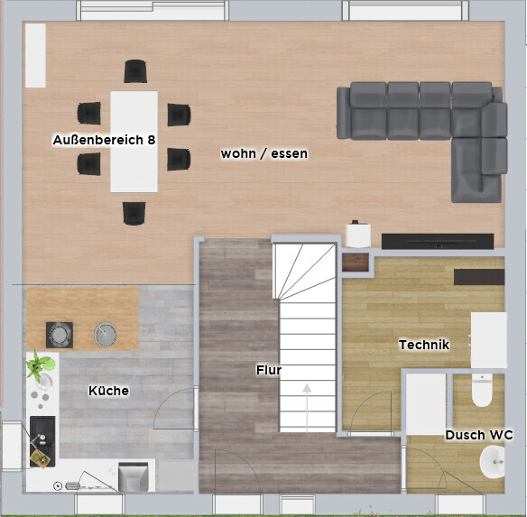 Open living/dining area with gray corner sofa, dining table, kitchen, hallway, utility room, and shower toilet.