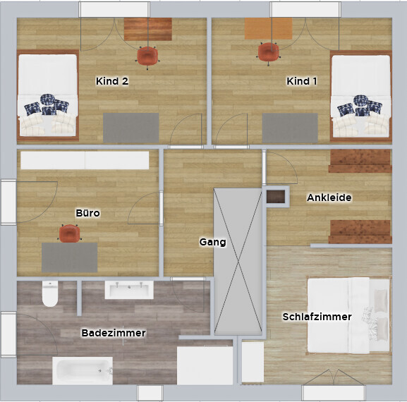 Floor plan of an apartment: two children’s rooms, bedroom, office, bathroom, dressing room, corridor.