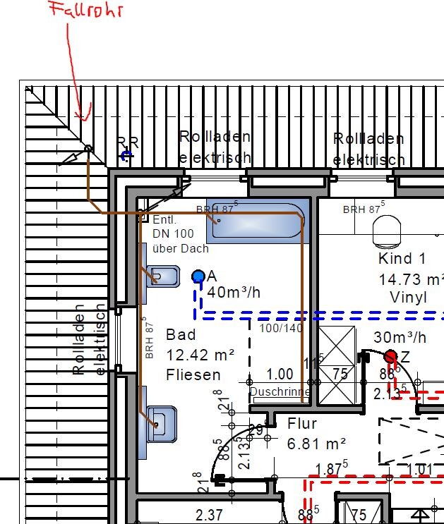 Floor plan: bathroom (tiled), hallway, child’s room 1, electric shutters, waste pipe.