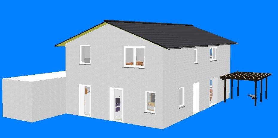 Zweistöckiges graues Haus mit Dach, Fenstern, Anbau links, Pergola rechts, blauer Hintergrund.