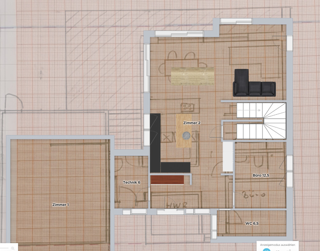 Floor plan of a level: living room with sofa, office 12.5, room 2, room 1, utility, WC 6.5, staircase.