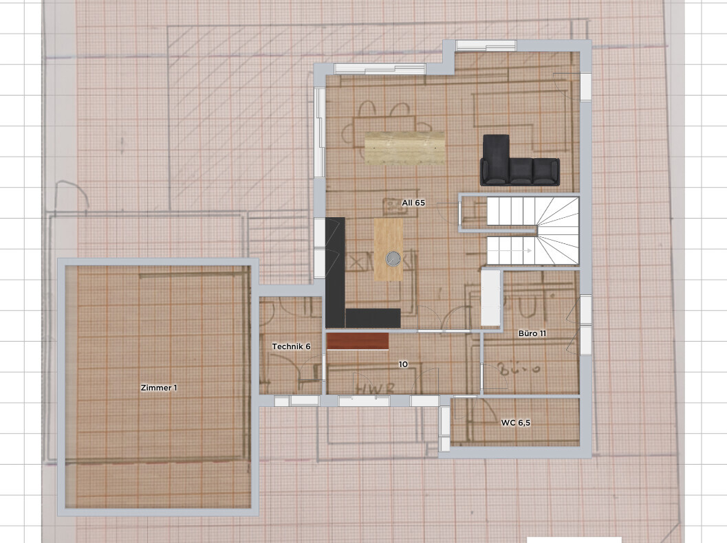 Floor plan of a building section: living room with sofa, dining table, office, utility, WC, staircase