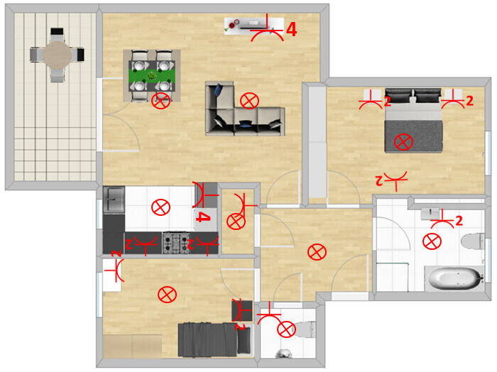 Top-Down floor plan of an apartment with living room, kitchen, bedrooms, bathroom, and terrace