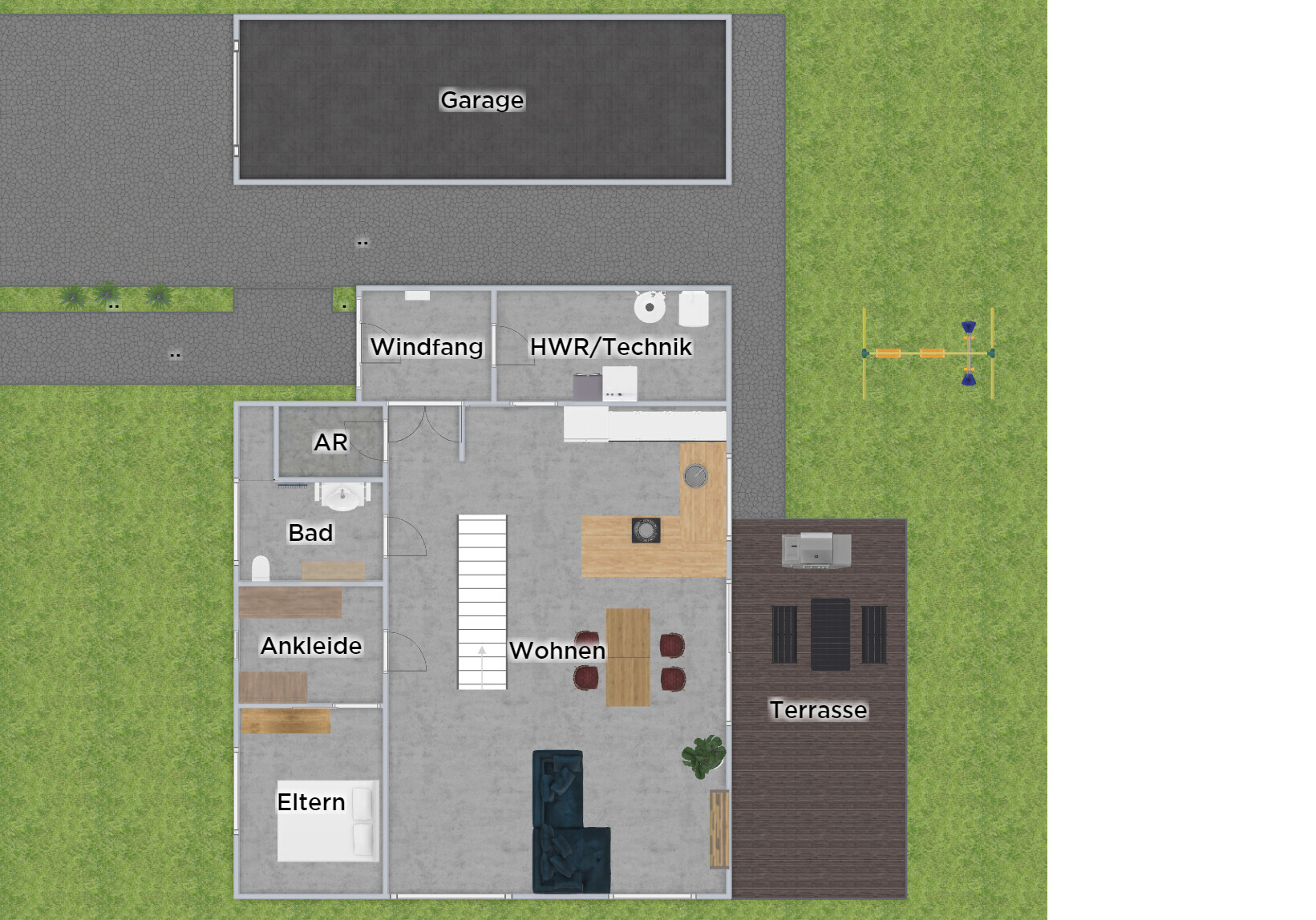 Grundriss eines Hauses mit Wohnen, Küche, Bad, Eltern, Ankleide, Windfang, HWR, Terrasse und Garage.