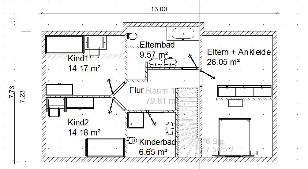 Floor plan of a family house: master bathroom, master bedroom with walk-in closet, 2 children's rooms, children's bathroom, hallway.