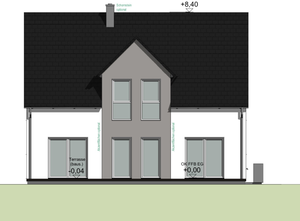 Modern house facade with dark pitched roof, gray central wall, patio door on the left, glass front on the right.