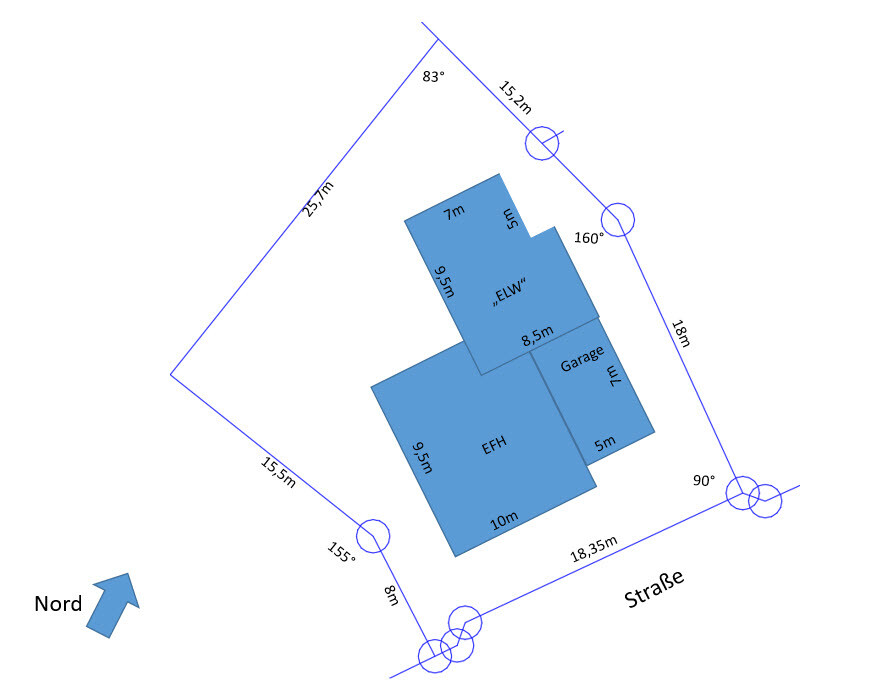Site plan of a house with SFH/ADU, garage, dimensions, and north arrow.