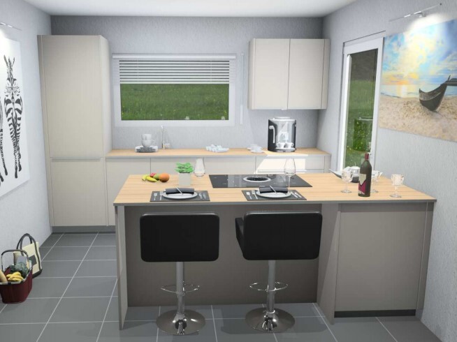 Modern kitchen with island, two bar stools, sink, window, wine bottle and glasses