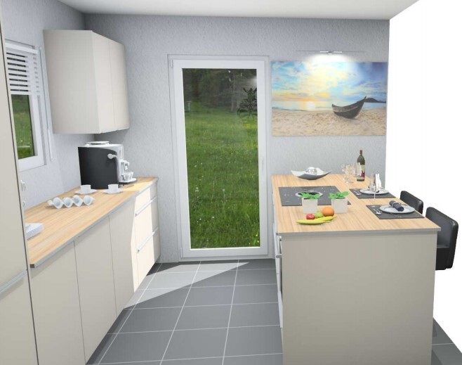 Bright kitchen with island, glass door to garden, fruit basket, wine bottle, beach boat wall art