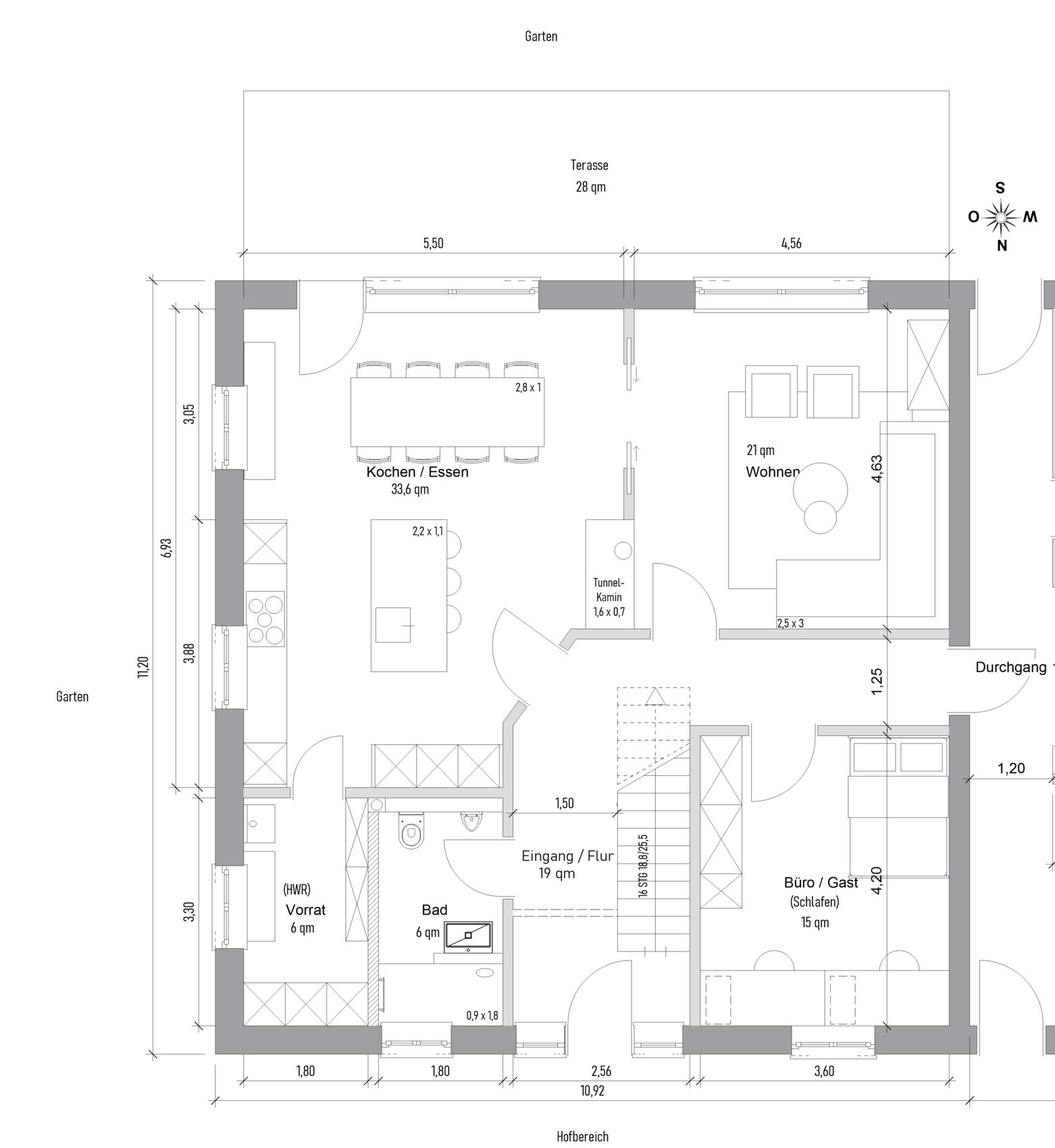 Floor plan of a house: kitchen/dining, living area, office, bathroom, pantry, hallway, terrace 28 sqm (300 sq ft), garden.