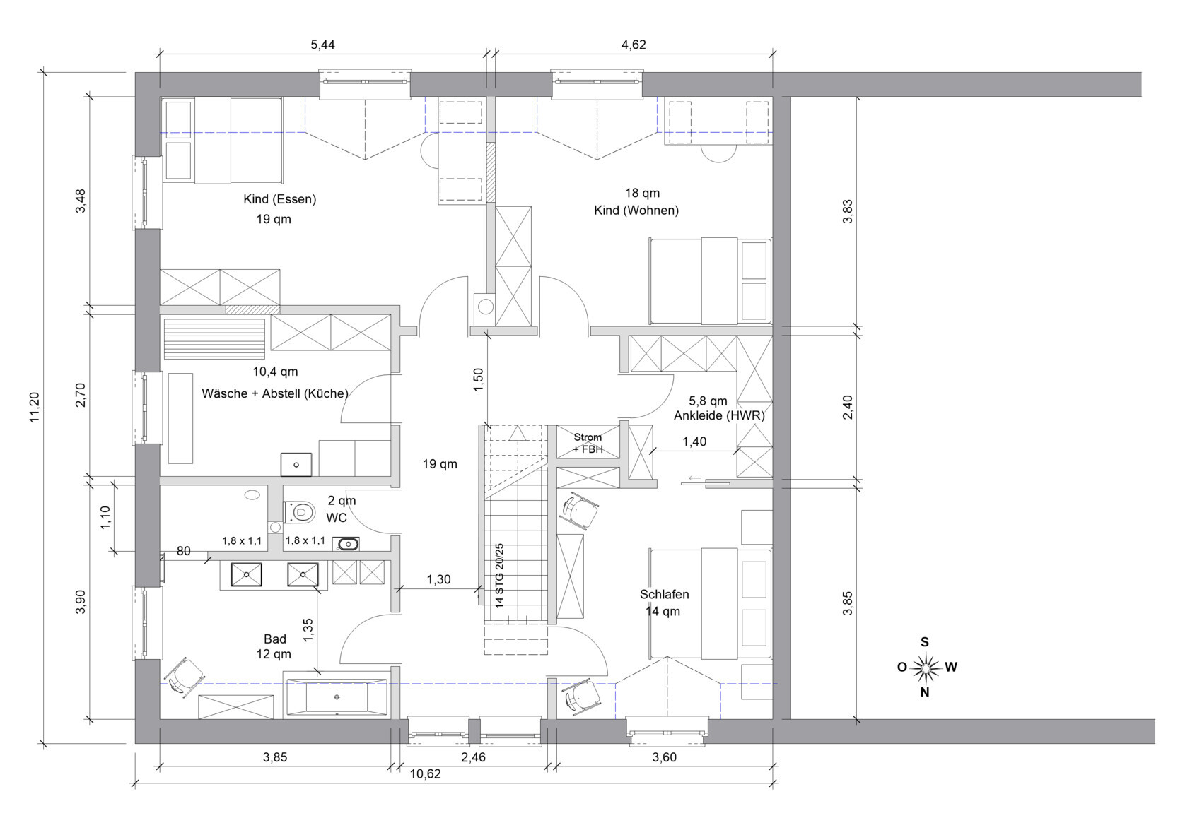 Floor plan of a house with kitchen/laundry, bathroom, WC, bedrooms, and children’s rooms.