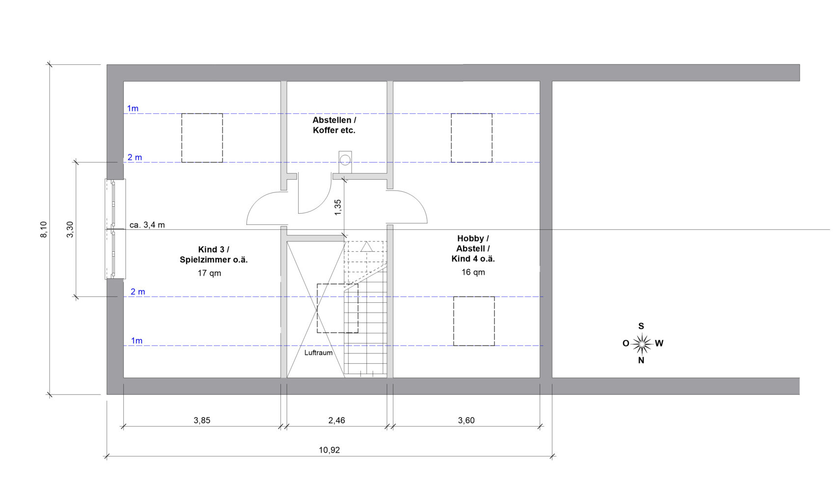 Attic floor plan: three rooms (children’s/playroom, hobby/storage, storage space) and stairwell.