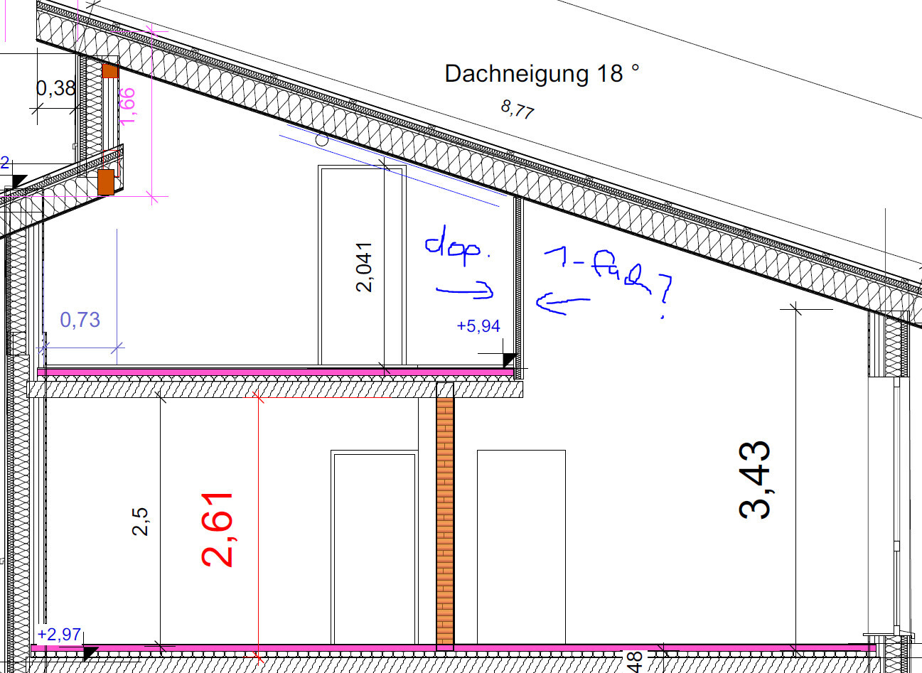 Section through building with 18° roof pitch, interior space, dimensions, and wall panels.