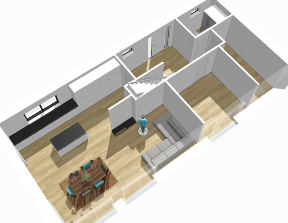 3D rendering of an open living and dining area with kitchen, seating area, stairs and person