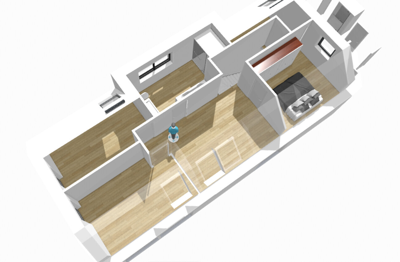 Isometric 3D floor plan of an apartment with bedroom, living area, and hallway; wooden floor.