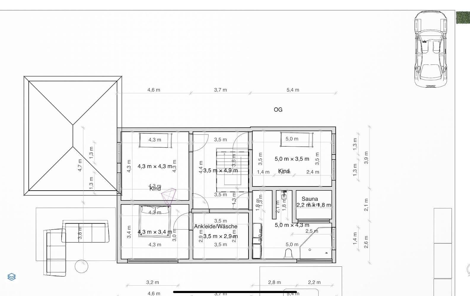Grundriss OG: zwei Kinderzimmer, Ankleide/Wäsche, Sauna, Flur, Treppe, Außenparkplatz.