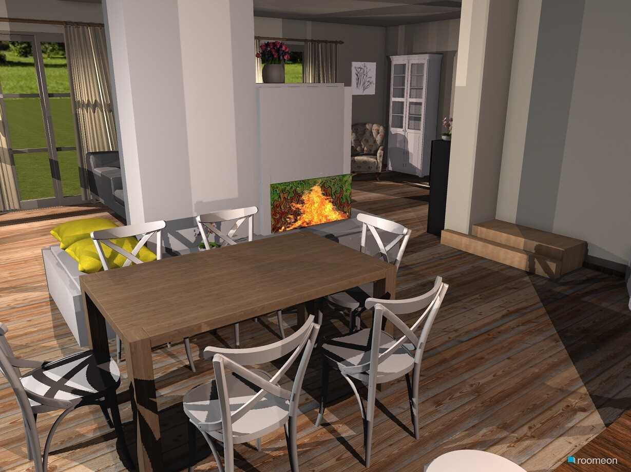 3D-Wohnzimmer mit Esstisch, Stühlen, Kamin und offenem Wohnbereich