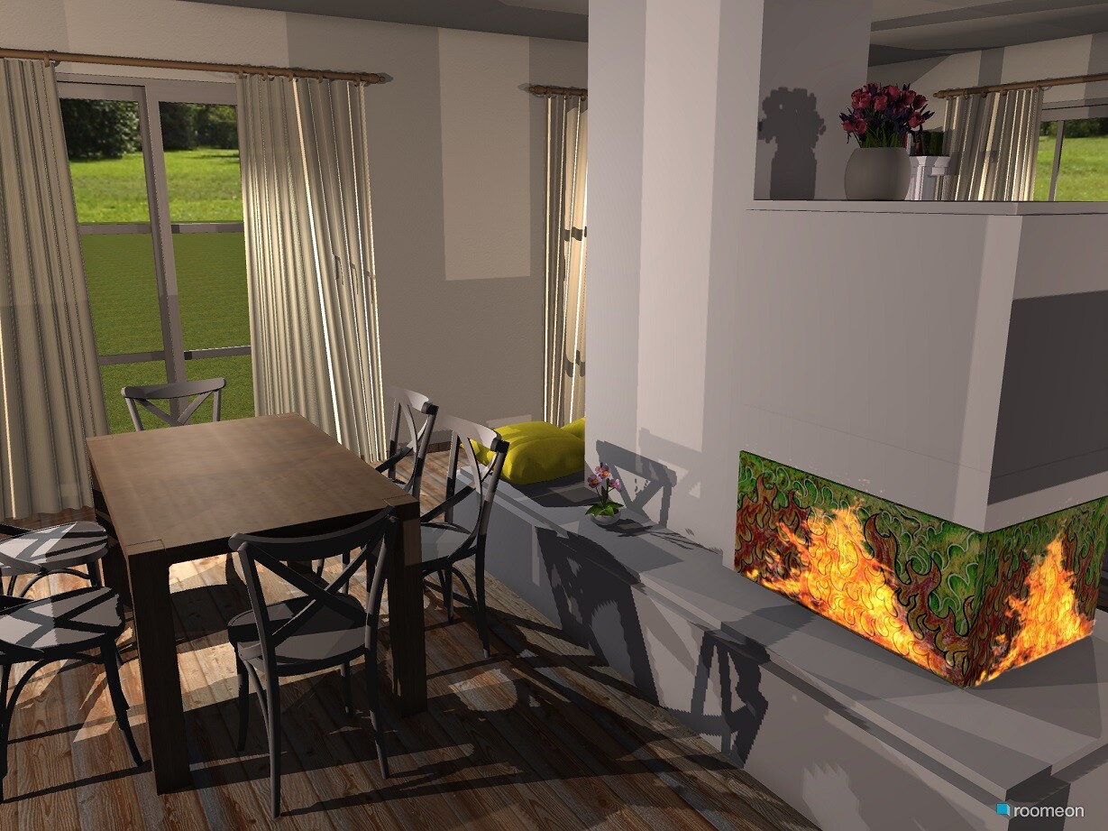 Modernes Wohnzimmer mit Esstisch, Stühlen, Kamin und großen Fenstern