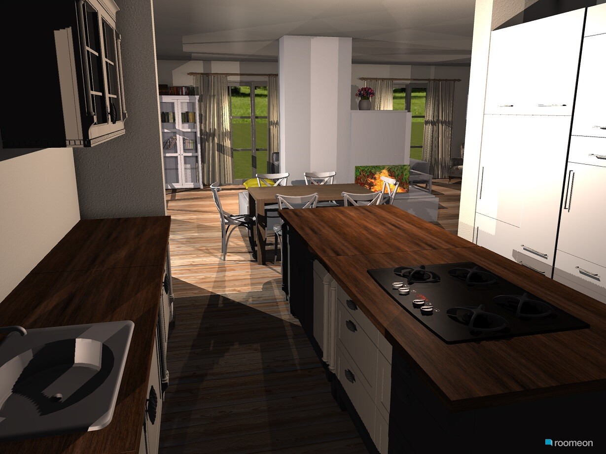 Moderne offene Küche mit Kochinsel, Esstisch und Wohnzimmer im Hintergrund.