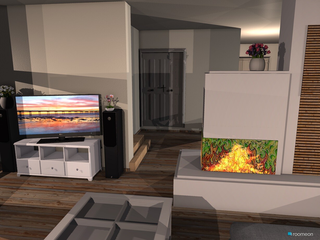 Moderne 3D-Wohnzimmer-Szene mit Fernseher, Lautsprechern und Kamin.