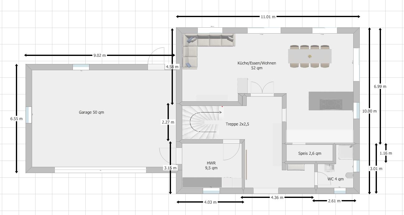 Floor plan of a house with garage, kitchen/dining/living area, pantry, WC, utility room and stairs.