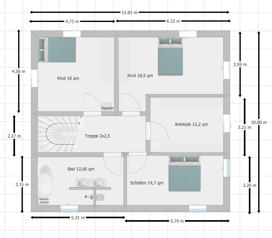 Floor plan of the upper floor with two children's rooms, bathroom, bedroom, walk-in closet, stairs and fireplace.