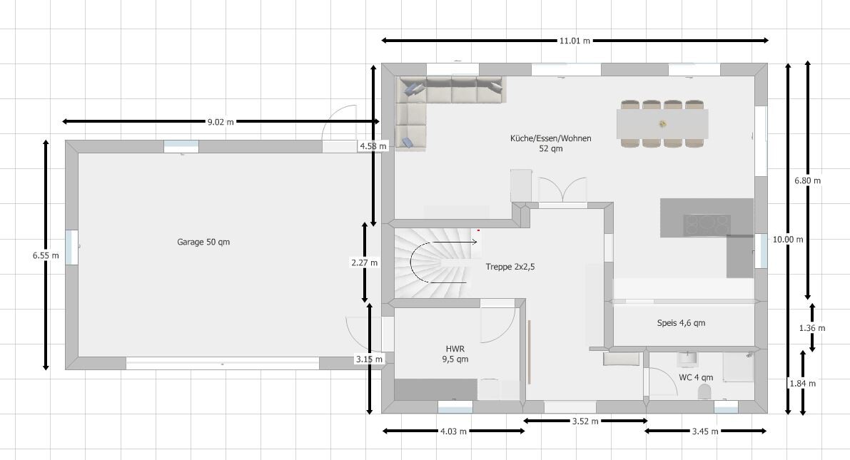 Floor plan of a house: garage, kitchen/dining/living area, utility room, pantry, WC, stairs, with dimensions.