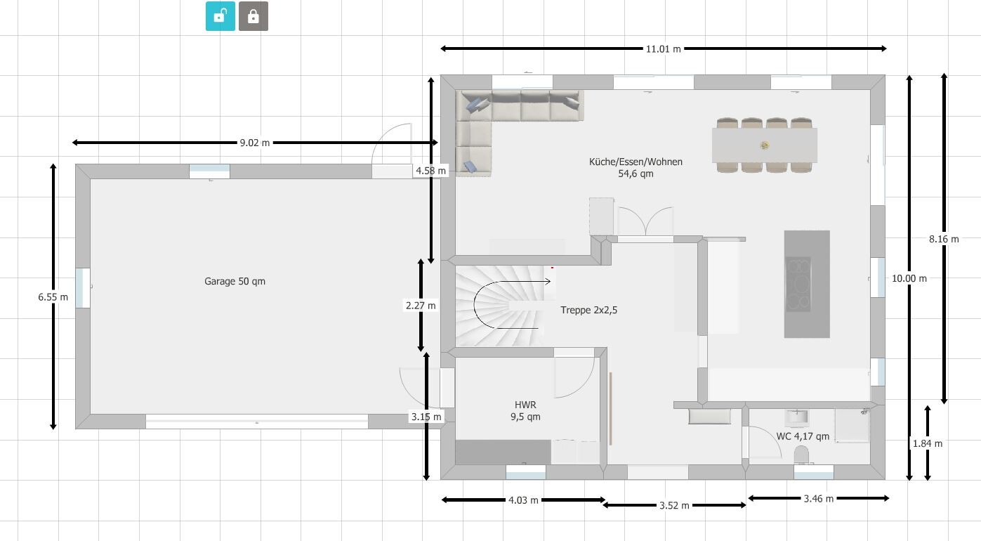 Floor plan: garage on the left, kitchen/dining/living on the right, stairs, utility room and WC.