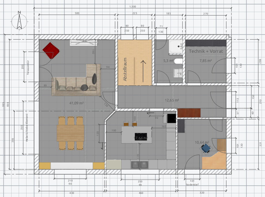 Floor plan of a house with kitchen, dining area, living room, storage room, and utility room.